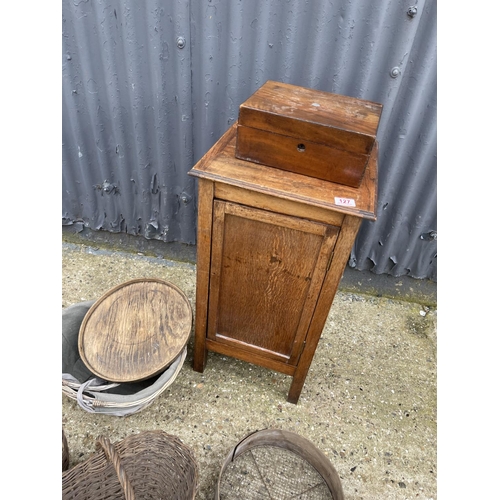 127 - Bedside, workbox, baskets and sieve