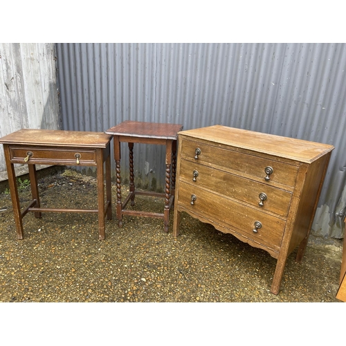 18 - Oak chest of three and two oak tables