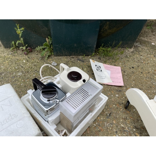 255 - Vintage high chair, copper warming pan, fire irons and trivet and 1974 Goblin Teasmade 854