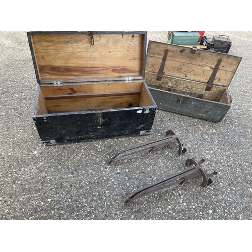 319 - Two,vintage tool chests and two iron traps