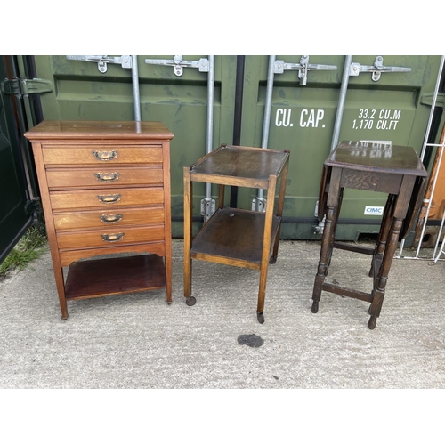 379 - Edwardian music cabinet, oak trolley and gate-leg table