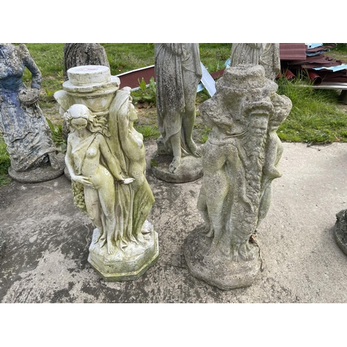 386 - A pair of concrete garden pedestals each decorated with four ladies