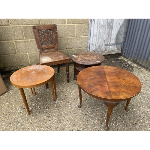 50 - Oak hall chair and three circular occasional tables