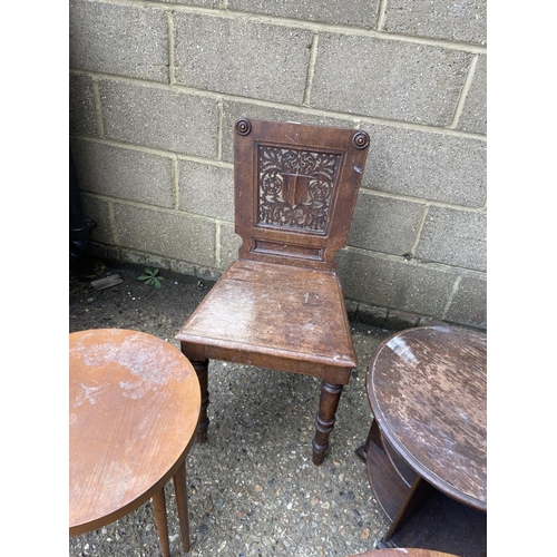 50 - Oak hall chair and three circular occasional tables