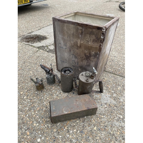 56 - Tea chest containing brass blow torches and metal drawer