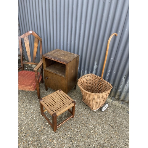 78 - Oak chair, oak bedside, trolley and stool