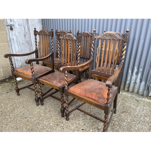 82 - A set of six early 20th century oak barley twist dining chairs