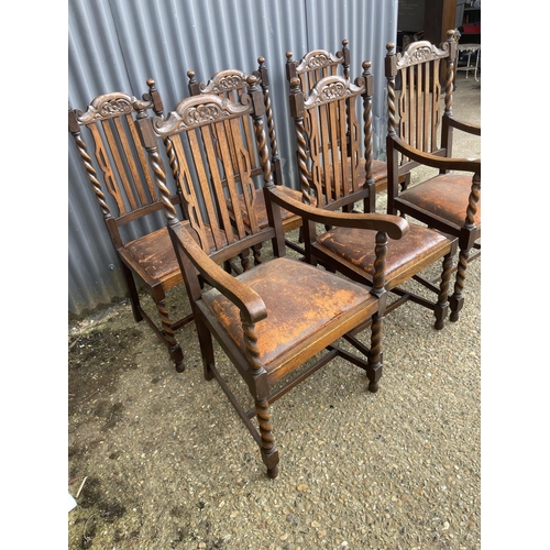 82 - A set of six early 20th century oak barley twist dining chairs