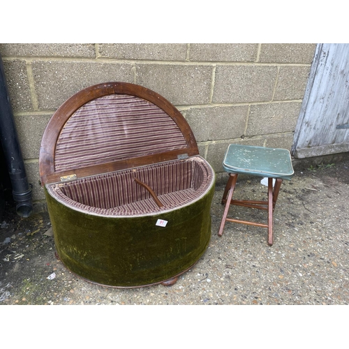 91 - A green upholstered Demi lune footstool together with folding stool