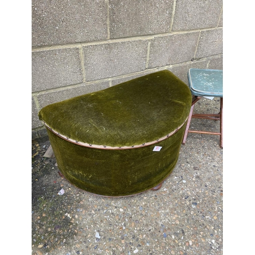 91 - A green upholstered Demi lune footstool together with folding stool