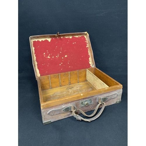 454 - Wooden lined heavy leather cartridge/veterinary case with brass  corners  47 x 32 x 13 cms