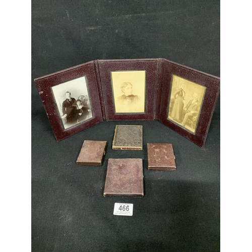 466 - Four framed Daguerreotype portraits and one leather framed triple family photo