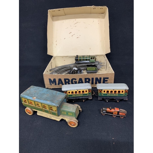 468 - Clockwork tin plate train a/f, miniature tin plate train and tin plate Charabanc a/f