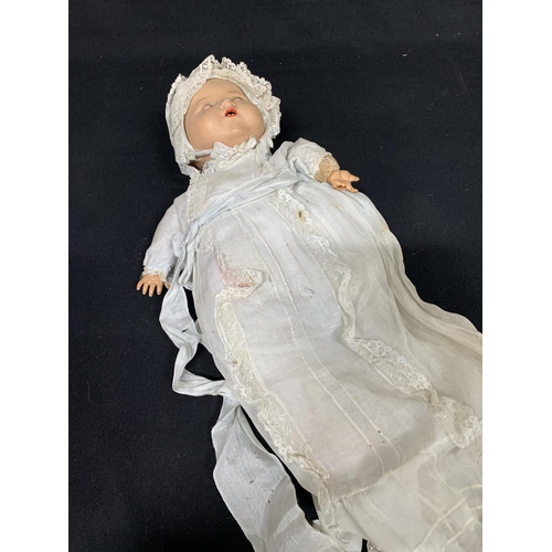 472 - Dressed Baby Doll, soft body, squeaks, marked AM Germany length 40 cms