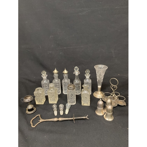 483 - Silver based spill vase, Cruet bottles and parts