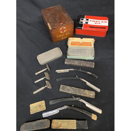 484 - Vintage first aid box, tin, four cut throat razors, two rolls razors and three safety razors