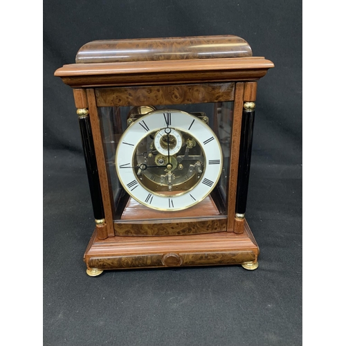 729 - Modern Burr Walnut cased striking Table Clock height 34 cms