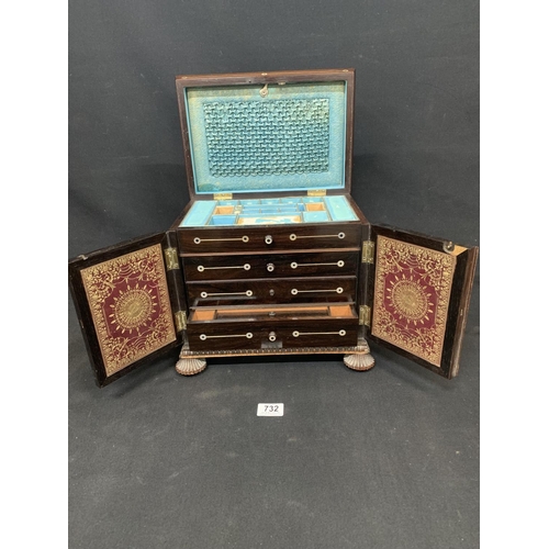 732 - A Regency Rosewood and Mother of Pearl lnlaid Ladies Table cabinet fitted with workbox, jewellery dr... 