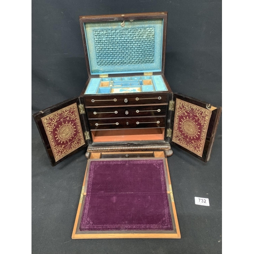 732 - A Regency Rosewood and Mother of Pearl lnlaid Ladies Table cabinet fitted with workbox, jewellery dr... 