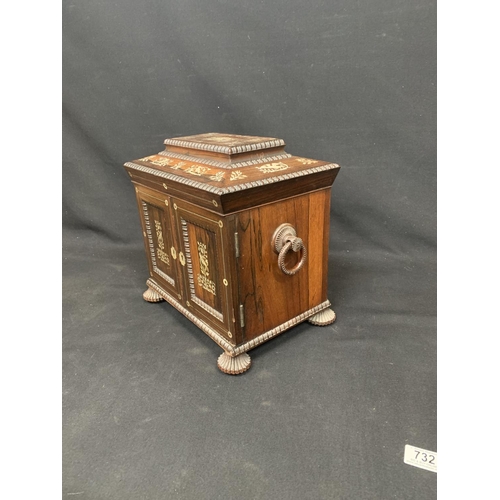 732 - A Regency Rosewood and Mother of Pearl lnlaid Ladies Table cabinet fitted with workbox, jewellery dr... 