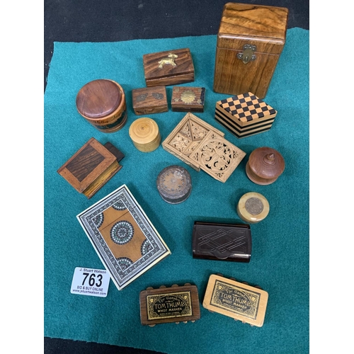 763 - Bone inlaid Card case, Bakelite snuff box, two Tom Thumb whist markers and treen items (16 in all)