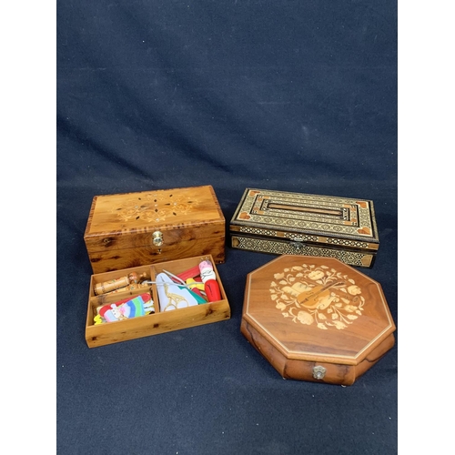 767 - Inlaid Mapsa musical box, sewing box and tissue box