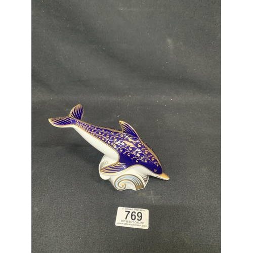 769 - Crown Derby Dolphin Paperweight, height to tail 9 cms, length 18 cms with gold stopper