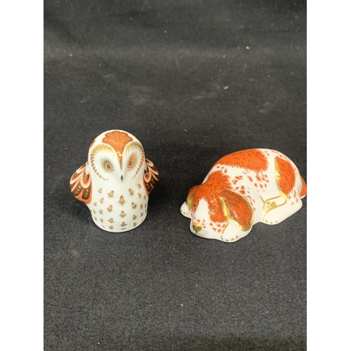 771 - Crown Derby Puppy and Crown Derby Owlet Paperweights both with gold stoppers