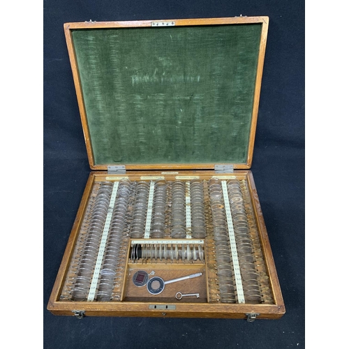 794 - Vintage Oak Cased Opticians Lenses Set by F Davidson & Co London, 45 x 37 x 6 cms