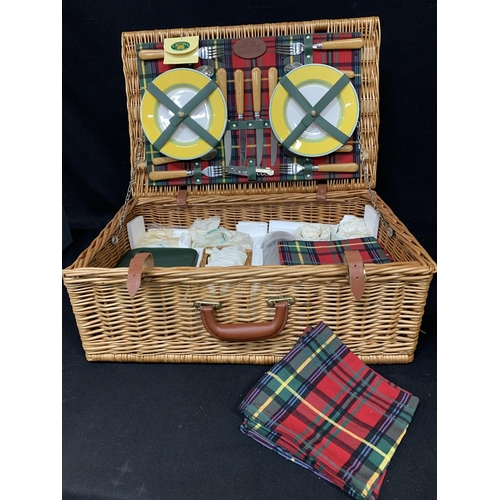 840 - Optima wicker picnic hamper and contents for four, as new, 59 x 40 x 22 cms