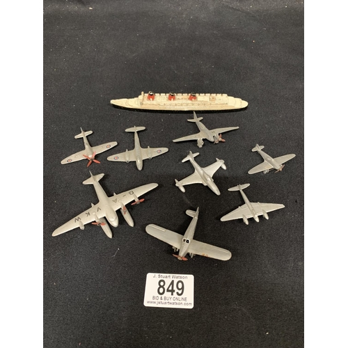 849 - Eight Die cast model planes by Dinky and Crescent and Dinky Queen Mary