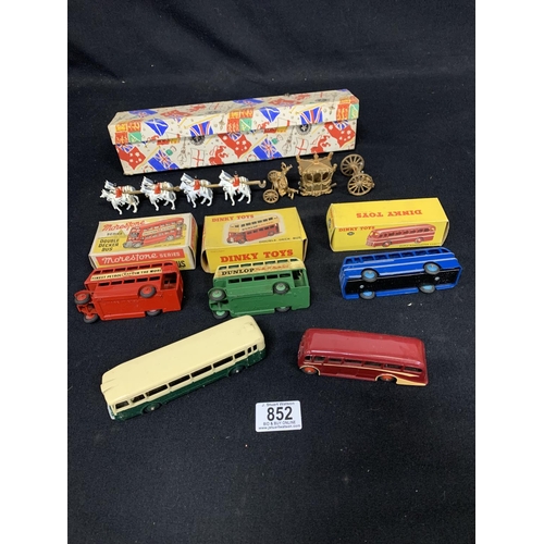 852 - Boxed  Crescent Coronation coach a/f, boxed Morestone double decker bus, boxed Dinky double decker b... 