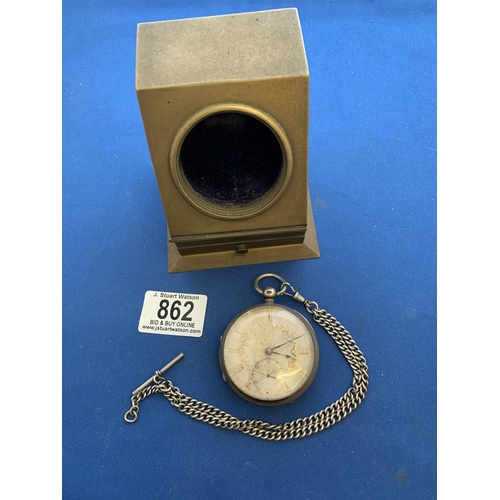 862 - Hallmarked Silver cased key wound Pocket Watch on Silver Chain with enclosed brass table stand