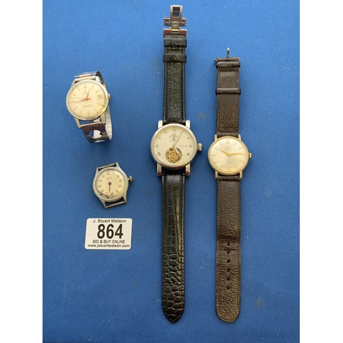 864 - A Ferro Feldmann extra flat gents watch (running), BHI 150 gents watch (running) and two other vinta... 