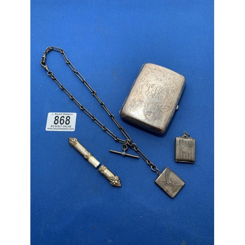 868 - Hallmarked Silver: Cigarette case, Albert Chain, two Stamp cases and continental Silver pencil case ... 