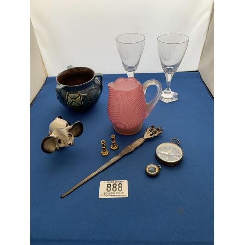 888 - A mixed lot comprising Pink satin glass jug, Brannam cauldron, pair of etched glasses, 60's nodding ... 