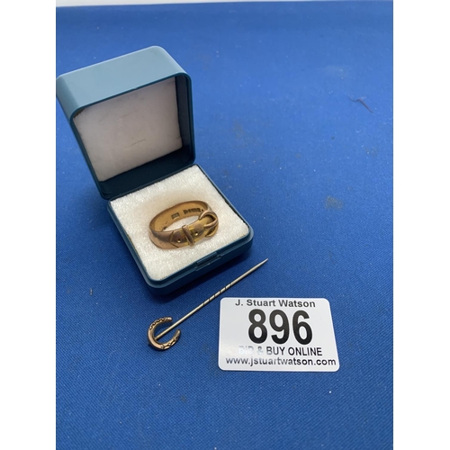 896 - Gents 9ct Gold Buckle Ring Size Z, weight 8.9 gms and unmarked horseshoe stick pin