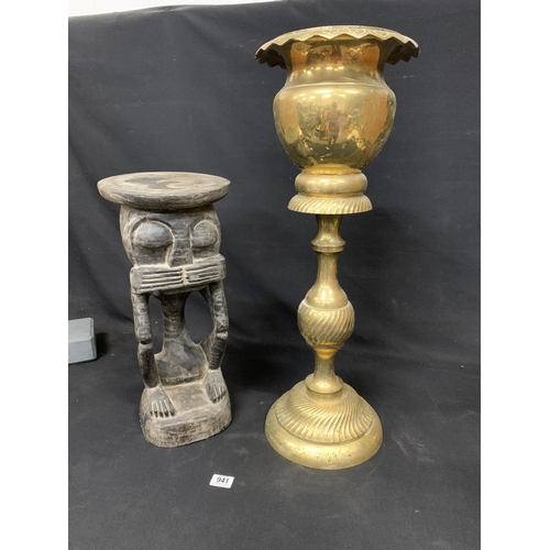 941 - Heavy brass Jardiniere height 72 cms, carved wooden stand height 50 cms