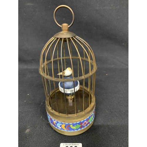 998 - Brass and cloisonné novelty bird cage clock height 22 cms, working order