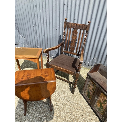 106 - An oak carver, oak wall cabinet, side table and yew coffee table