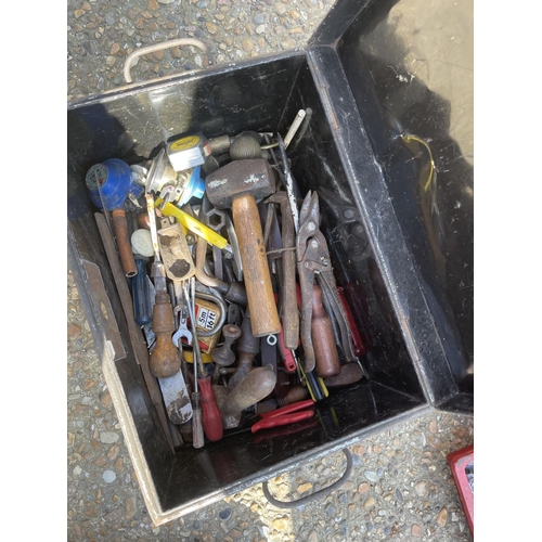 148 - A tin and four boxes of fittings, tools, extesnion leads etc