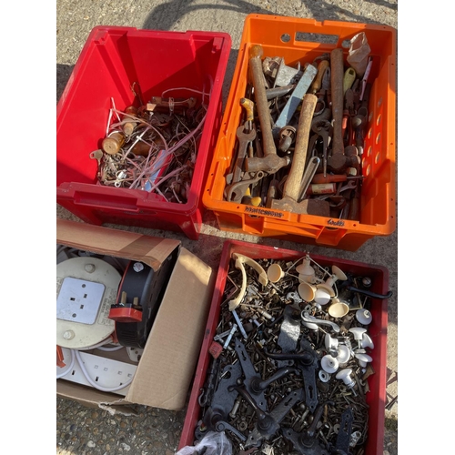 148 - A tin and four boxes of fittings, tools, extesnion leads etc