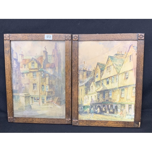 572 - 2 oak framed Robson prints Edinburgh scenes, (1 glazed, 1 a/f)