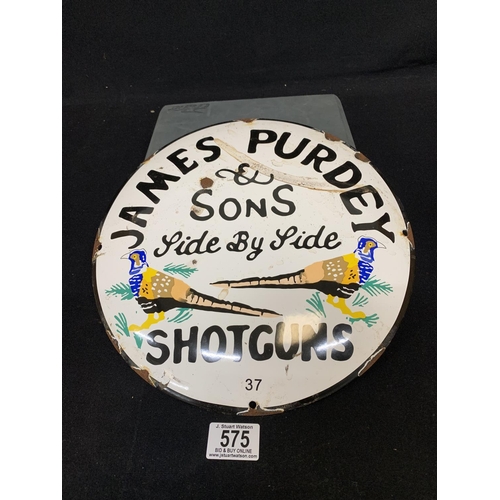 575 - Enamel Purdey shot gun sign, 30cms diameter