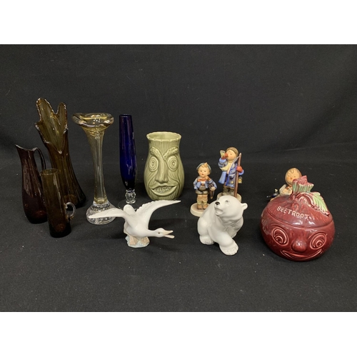 671 - Qty of Vintage pottery, incl Goebel figures, Lladro goose, USSR polar bear, celery and beetroot pots... 