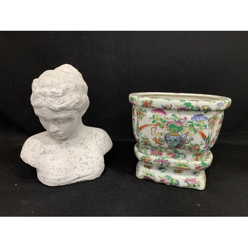 683 - Vintage oriental pot on stand, height 23cms and large stone bust of woman