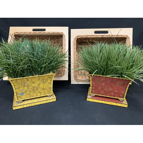 689 - Pair large wicker storage baskets and pair of artificial plants in metal pots/stands