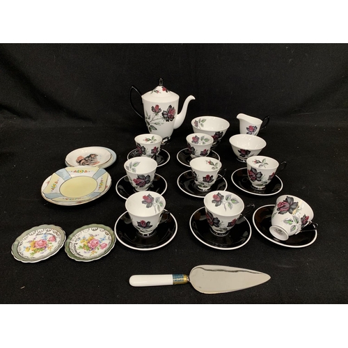 695 - Royal Albert Masquerade coffeeware, (chip to spout and 1 cup handle repaired) cake slice etc