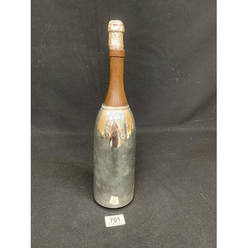 701 - Silver plated champagne bottle shaped cocktail shaker, height 38cms