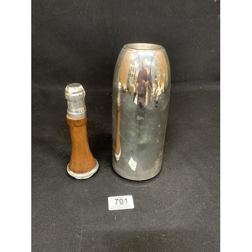 701 - Silver plated champagne bottle shaped cocktail shaker, height 38cms